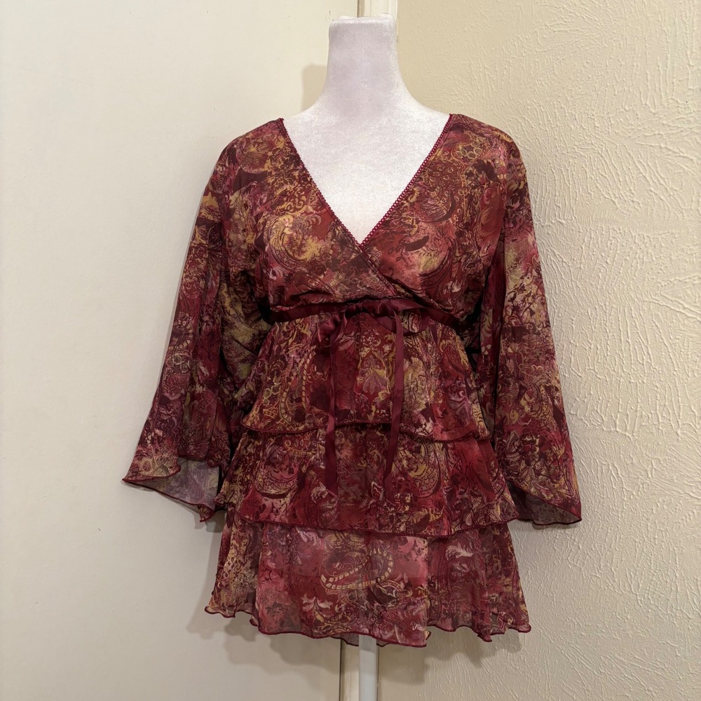 Red Burgundy Paisley Sheer Tiered Flare Sleeve Boho Fairy Whimsigoth Blouse